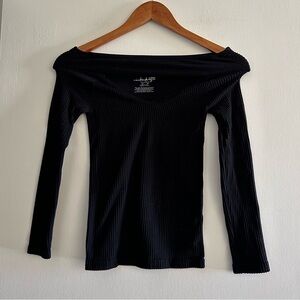 Intimately Free People Black Ribbed Stretch Key Hole Off Shoulder Long Sleeve
